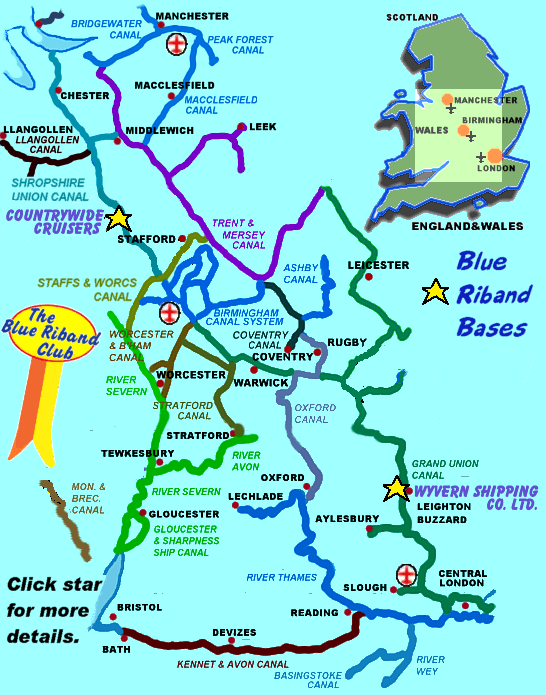 UK Canal Map showing Blue Riband Bases.